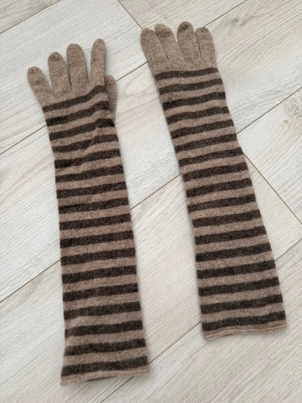 Brown Striped Elbow Length Wool Cashmere Gloves